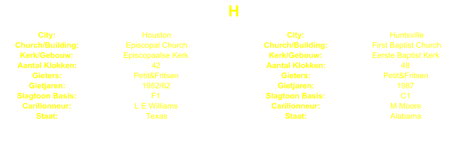 H City: Houston City: Huntsville Church/Building: Episcopal Church Church/Building: First Baptist Church Kerk/Gebouw: Episcopaalse Kerk Kerk/Gebouw: Eerste Baptist Kerk Aantal Klokken: 42 Aantal Klokken: 48 Gieters: Petit&Fritsen Gieters: Petit&Fritsen Gietjaren: 1952/62 Gietjaren: 1987 Slagtoon Basis: F1 Slagtoon Basis: C1 Carillonneur: L E Williams Carillonneur: M Moore Staat: Texas Staat: Alabama