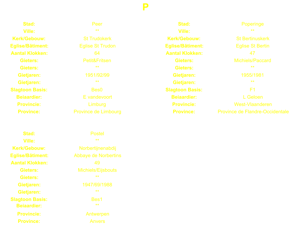 P Stad: Peer Stad: Poperinge Ville: ** Ville: ** Kerk/Gebouw: St Trudokerk Kerk/Gebouw: St Bertinuskerk Eglise/Btiment: Eglise St Trudon Eglise/Btiment: Eglise St Bertin Aantal Klokken: 64 Aantal Klokken: 47 Gieters: Petit&Fritsen Gieters: Michiels/Paccard Gieters: ** Gieters: ** Gietjaren: 1951/92/99 Gietjaren: 1955/1981 Gietjaren: ** Gietjaren: ** Slagtoon Basis: Bes0 Slagtoon Basis: F1 Beiaardier: E vandevoort Beiaardier: L Geloen Provincie: Limburg Provincie: West-Vlaanderen Province: Province de Limbourg Province: Province de Flandre-Occidentale Stad: Postel Ville: ** Kerk/Gebouw: Norbertijnenabdij Eglise/Btiment: Abbaye de Norbertins Aantal Klokken: 49 Gieters: Michiels/Eijsbouts Gieters: ** Gietjaren: 1947/69/1988 Gietjaren: ** Slagtoon Basis: Bes1 Beiaardier: ** Provincie: Antwerpen Province: Anvers