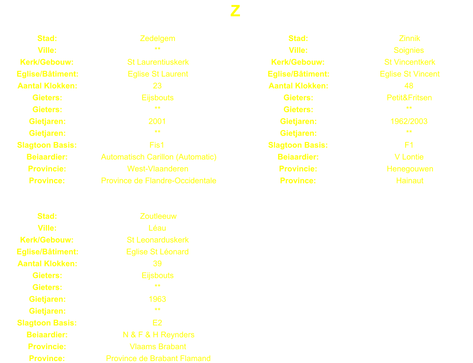 Z Stad: Zedelgem Stad: Zinnik Ville: ** Ville: Soignies Kerk/Gebouw: St Laurentiuskerk Kerk/Gebouw: St Vincentkerk Eglise/Btiment: Eglise St Laurent Eglise/Btiment: Eglise St Vincent Aantal Klokken: 23 Aantal Klokken: 48 Gieters: Eijsbouts Gieters: Petit&Fritsen Gieters: ** Gieters: ** Gietjaren: 2001 Gietjaren: 1962/2003 Gietjaren: ** Gietjaren: ** Slagtoon Basis: Fis1 Slagtoon Basis: F1 Beiaardier: Automatisch Carillon (Automatic) Beiaardier: V Lontie Provincie: West-Vlaanderen Provincie: Henegouwen Province: Province de Flandre-Occidentale Province: Hainaut Stad: Zoutleeuw Ville: Lau Kerk/Gebouw: St Leonarduskerk Eglise/Btiment: Eglise St Lonard Aantal Klokken: 39 Gieters: Eijsbouts Gieters: ** Gietjaren: 1963 Gietjaren: ** Slagtoon Basis: E2 Beiaardier: N & F & H Reynders Provincie: Vlaams Brabant Province: Province de Brabant Flamand
