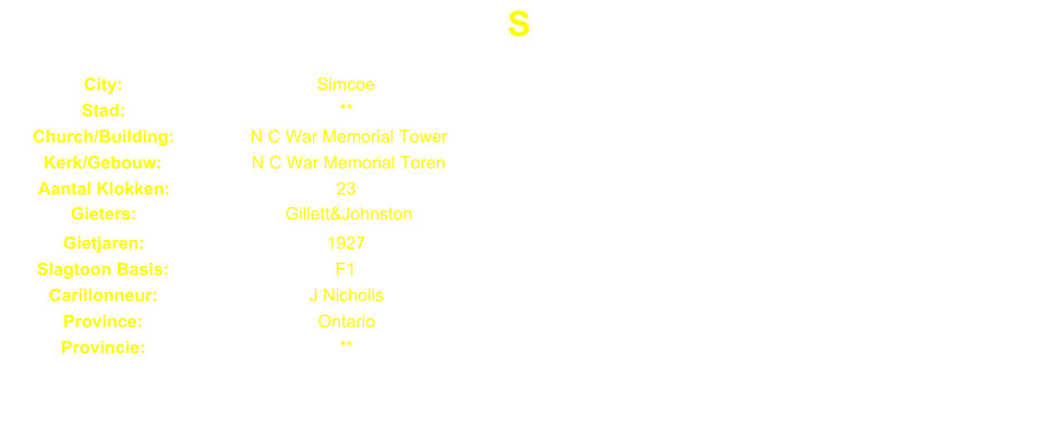 S City: Simcoe Stad: ** Church/Building: N C War Memorial Tower Kerk/Gebouw: N C War Memorial Toren Aantal Klokken: 23 Gieters: Gillett&Johnston Gietjaren: 1927 Slagtoon Basis: F1 Carillonneur: J Nicholis Province: Ontario Provincie: **