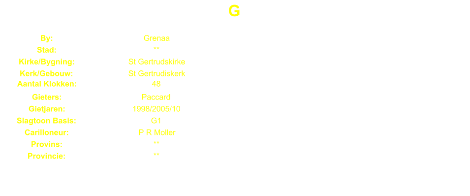 G By: Grenaa Stad: ** Kirke/Bygning: St Gertrudskirke Kerk/Gebouw: St Gertrudiskerk Aantal Klokken: 48 Gieters: Paccard Gietjaren: 1998/2005/10 Slagtoon Basis: G1 Carilloneur: P R Moller Provins: ** Provincie: **
