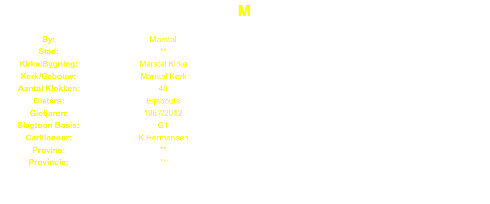 M By: Marstal Stad: ** Kirke/Bygning: Marstal Kirke Kerk/Gebouw: Marstal Kerk Aantal Klokken: 48 Gieters: Eijsbouts Gietjaren: 1987/2012 Slagtoon Basis: G1 Carilloneur: K Hermansen Provins: ** Provincie: **