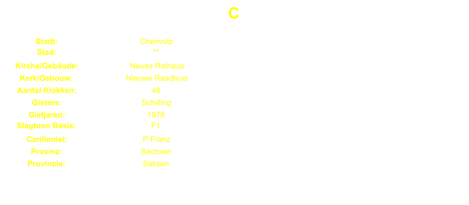C Stadt: Chemnitz Stad: ** Kirche/Gebude: Neues Rathaus Kerk/Gebouw: Nieuwe Raadhuis Aantal Klokken: 48 Gieters: Schilling Gietjaren: 1978 Slagtoon Basis: F1 Carillonist: P Franz Provinz: Sachsen Provincie: Saksen