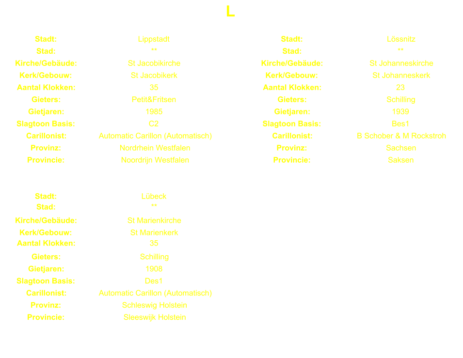 L Stadt: Lippstadt Stadt: Lssnitz Stad: ** Stad: ** Kirche/Gebude: St Jacobikirche Kirche/Gebude: St Johanneskirche Kerk/Gebouw: St Jacobikerk Kerk/Gebouw: St Johanneskerk Aantal Klokken: 35 Aantal Klokken: 23 Gieters: Petit&Fritsen Gieters: Schilling Gietjaren: 1985 Gietjaren: 1939 Slagtoon Basis: C2 Slagtoon Basis: Bes1 Carillonist: Automatic Carillon (Automatisch) Carillonist: B Schober & M Rockstroh Provinz: Nordrhein Westfalen Provinz: Sachsen Provincie: Noordrijn Westfalen Provincie: Saksen Stadt: Lbeck Stad: ** Kirche/Gebude: St Marienkirche Kerk/Gebouw: St Marienkerk Aantal Klokken: 35 Gieters: Schilling Gietjaren: 1908 Slagtoon Basis: Des1 Carillonist: Automatic Carillon (Automatisch) Provinz: Schleswig Holstein Provincie: Sleeswijk Holstein