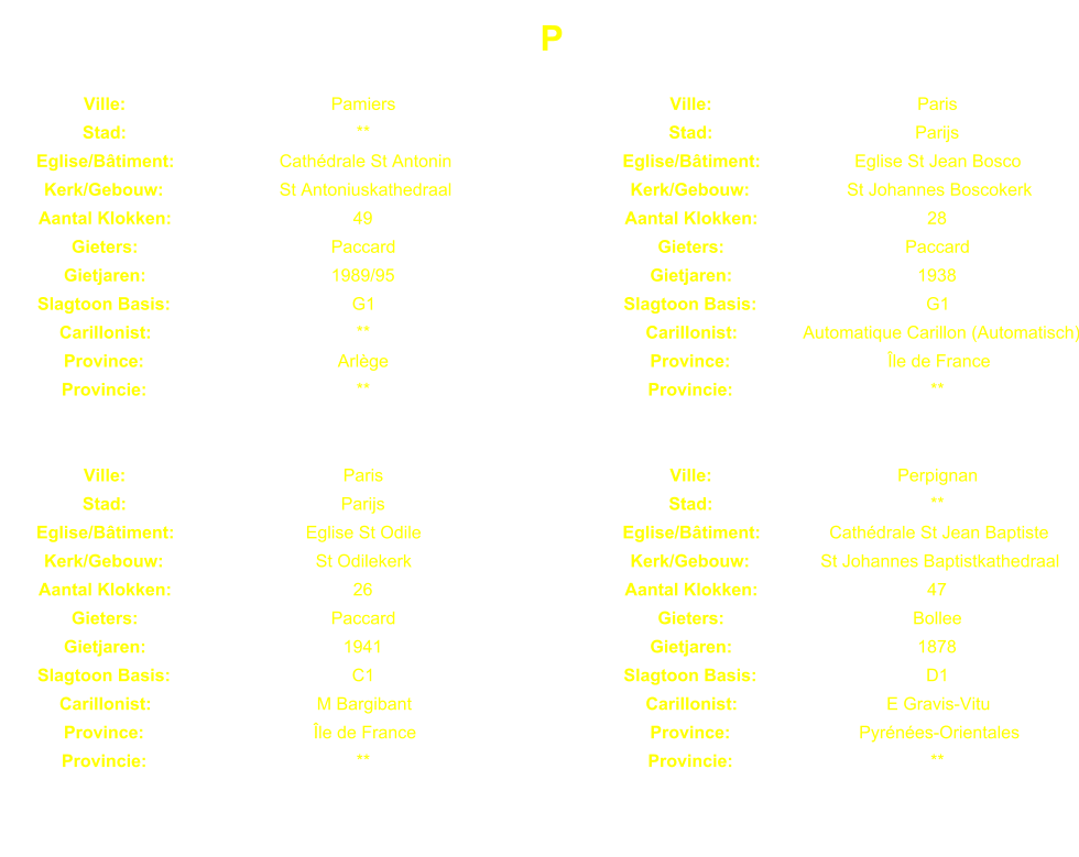 P Ville: Pamiers Ville: Paris Stad: ** Stad: Parijs Eglise/Btiment: Cathdrale St Antonin Eglise/Btiment: Eglise St Jean Bosco Kerk/Gebouw: St Antoniuskathedraal Kerk/Gebouw: St Johannes Boscokerk Aantal Klokken: 49 Aantal Klokken: 28 Gieters: Paccard Gieters: Paccard Gietjaren: 1989/95 Gietjaren: 1938 Slagtoon Basis: G1 Slagtoon Basis: G1 Carillonist: ** Carillonist: Automatique Carillon (Automatisch) Province: Arlge Province: le de France Provincie: ** Provincie: ** Ville: Paris Ville: Perpignan Stad: Parijs Stad: ** Eglise/Btiment: Eglise St Odile Eglise/Btiment: Cathdrale St Jean Baptiste Kerk/Gebouw: St Odilekerk Kerk/Gebouw: St Johannes Baptistkathedraal Aantal Klokken: 26 Aantal Klokken: 47 Gieters: Paccard Gieters: Bollee Gietjaren: 1941 Gietjaren: 1878 Slagtoon Basis: C1 Slagtoon Basis: D1 Carillonist: M Bargibant Carillonist: E Gravis-Vitu Province: le de France Province: Pyrnes-Orientales Provincie: ** Provincie: **