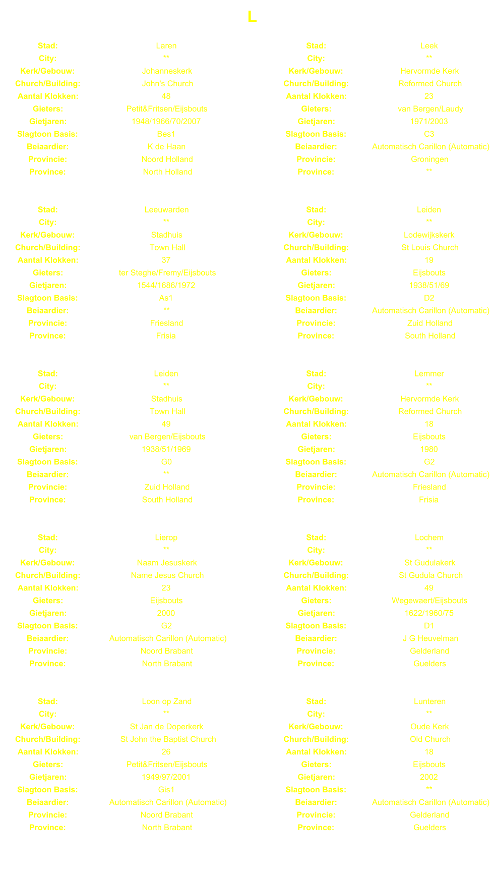 L Stad: Laren Stad: Leek City: ** City: ** Kerk/Gebouw: Johanneskerk Kerk/Gebouw: Hervormde Kerk Church/Building: John's Church Church/Building: Reformed Church Aantal Klokken: 48 Aantal Klokken: 23 Gieters: Petit&Fritsen/Eijsbouts Gieters: van Bergen/Laudy Gietjaren: 1948/1966/70/2007 Gietjaren: 1971/2003 Slagtoon Basis: Bes1 Slagtoon Basis: C3 Beiaardier: K de Haan Beiaardier: Automatisch Carillon (Automatic) Provincie: Noord Holland Provincie: Groningen Province: North Holland Province: ** Stad: Leeuwarden Stad: Leiden City: ** City: ** Kerk/Gebouw: Stadhuis Kerk/Gebouw: Lodewijkskerk Church/Building: Town Hall Church/Building: St Louis Church Aantal Klokken: 37 Aantal Klokken: 19 Gieters: ter Steghe/Fremy/Eijsbouts Gieters: Eijsbouts Gietjaren: 1544/1686/1972 Gietjaren: 1938/51/69 Slagtoon Basis: As1 Slagtoon Basis: D2 Beiaardier:       ** Beiaardier: Automatisch Carillon (Automatic) Provincie: Friesland Provincie: Zuid Holland Province: Frisia Province: South Holland Stad: Leiden Stad: Lemmer City: ** City: ** Kerk/Gebouw: Stadhuis Kerk/Gebouw: Hervormde Kerk Church/Building: Town Hall Church/Building: Reformed Church Aantal Klokken: 49 Aantal Klokken: 18 Gieters: van Bergen/Eijsbouts Gieters: Eijsbouts Gietjaren: 1938/51/1969 Gietjaren: 1980 Slagtoon Basis: G0 Slagtoon Basis: G2 Beiaardier: ** Beiaardier: Automatisch Carillon (Automatic) Provincie: Zuid Holland Provincie: Friesland Province: South Holland Province: Frisia Stad: Lierop Stad: Lochem City: ** City: ** Kerk/Gebouw: Naam Jesuskerk Kerk/Gebouw: St Gudulakerk Church/Building: Name Jesus Church Church/Building: St Gudula Church Aantal Klokken: 23 Aantal Klokken: 49 Gieters: Eijsbouts Gieters: Wegewaert/Eijsbouts Gietjaren: 2000 Gietjaren: 1622/1960/75 Slagtoon Basis: G2 Slagtoon Basis: D1 Beiaardier: Automatisch Carillon (Automatic) Beiaardier: J G Heuvelman Provincie: Noord Brabant Provincie: Gelderland Province: North Brabant Province: Guelders Stad: Loon op Zand Stad: Lunteren City: ** City: ** Kerk/Gebouw: St Jan de Doperkerk Kerk/Gebouw: Oude Kerk Church/Building: St John the Baptist Church Church/Building: Old Church Aantal Klokken: 26 Aantal Klokken: 18 Gieters: Petit&Fritsen/Eijsbouts Gieters: Eijsbouts Gietjaren: 1949/97/2001 Gietjaren: 2002 Slagtoon Basis: Gis1 Slagtoon Basis: ** Beiaardier: Automatisch Carillon (Automatic) Beiaardier: Automatisch Carillon (Automatic) Provincie: Noord Brabant Provincie: Gelderland Province: North Brabant Province: Guelders
