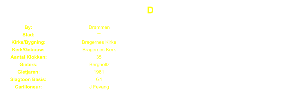 D By: Drammen Stad: ** Kirke/Bygning: Bragernes Kirke Kerk/Gebouw: Bragernes Kerk Aantal Klokken: 35 Gieters: Bergholtz Gietjaren: 1961 Slagtoon Basis: G1 Carilloneur: J Fevang