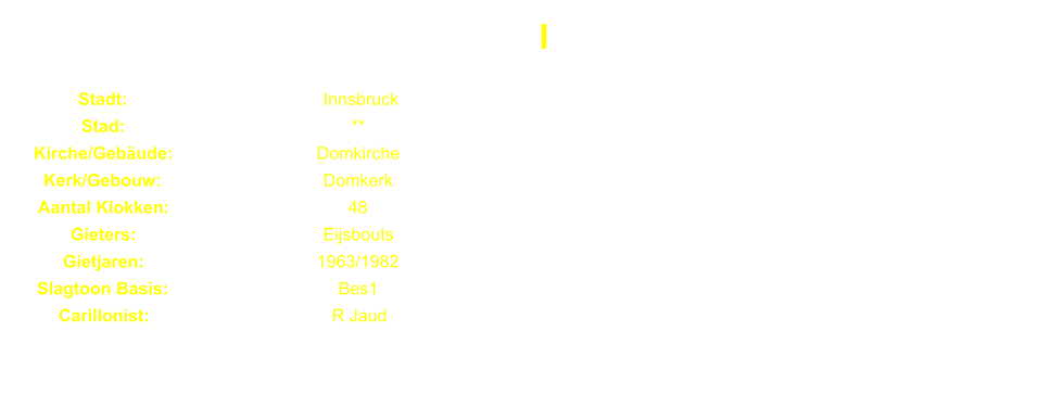 I Stadt: Innsbruck Stad: ** Kirche/Gebude: Domkirche Kerk/Gebouw: Domkerk Aantal Klokken: 48 Gieters: Eijsbouts Gietjaren: 1963/1982 Slagtoon Basis: Bes1 Carillonist: R Jaud