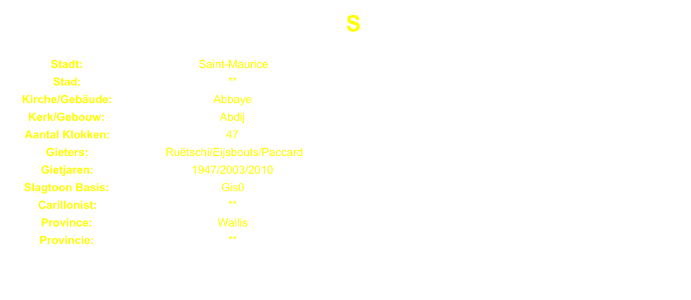 S Stadt: Saint-Maurice Stad: ** Kirche/Gebude: Abbaye Kerk/Gebouw: Abdij Aantal Klokken: 47 Gieters: Rutschi/Eijsbouts/Paccard Gietjaren: 1947/2003/2010 Slagtoon Basis: Gis0 Carillonist: ** Province: Wallis Provincie: **