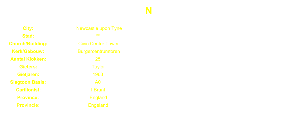 N City: Newcastle upon Tyne Stad: ** Church/Building: Civic Center Tower Kerk/Gebouw: Burgercentrumtoren Aantal Klokken: 25 Gieters: Taylor Gietjaren: 1963 Slagtoon Basis: A0 Carillonist:    I Brunt Province: England Provincie: Engeland